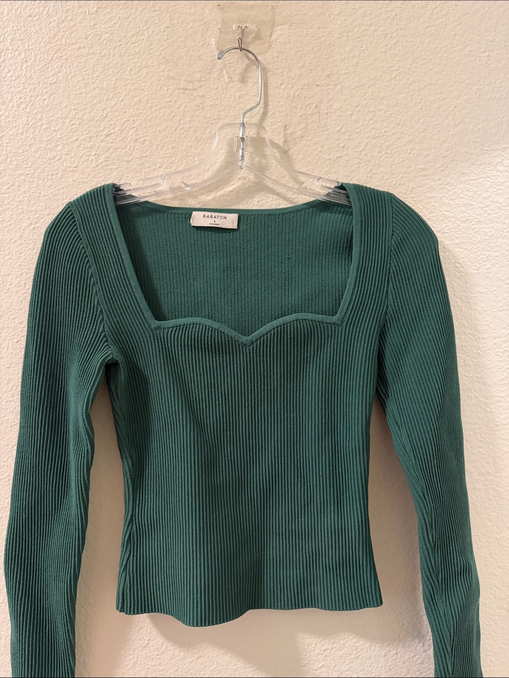 Babaton Green Ribbed Long-Sleeve Square Sweetheart Neck Top